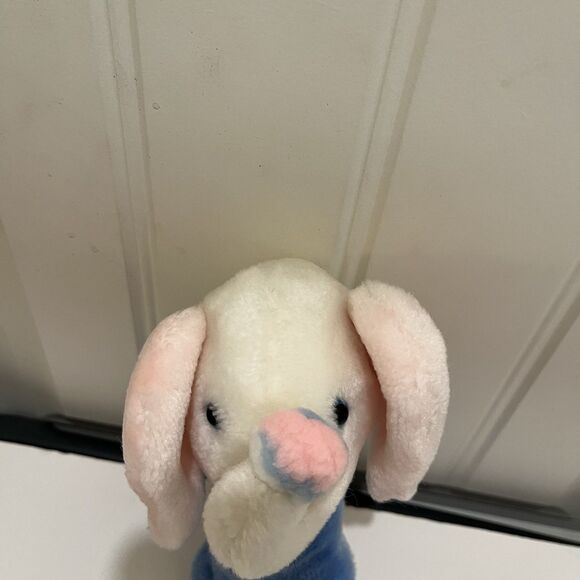 Elephant Rattle Plush Handle 7" Stuffed Vintage Blue White Eden Toys - Picture 5 of 9